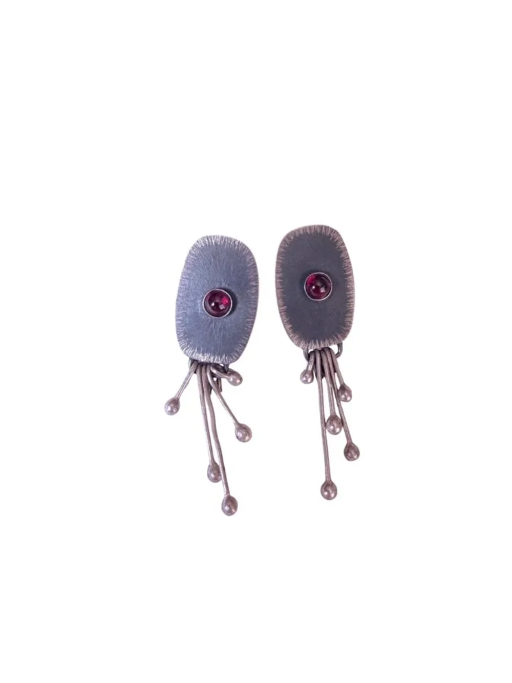 Handcrafted Oxidized Silver Dangle Earrings Red Stone Accent Modern Abstract